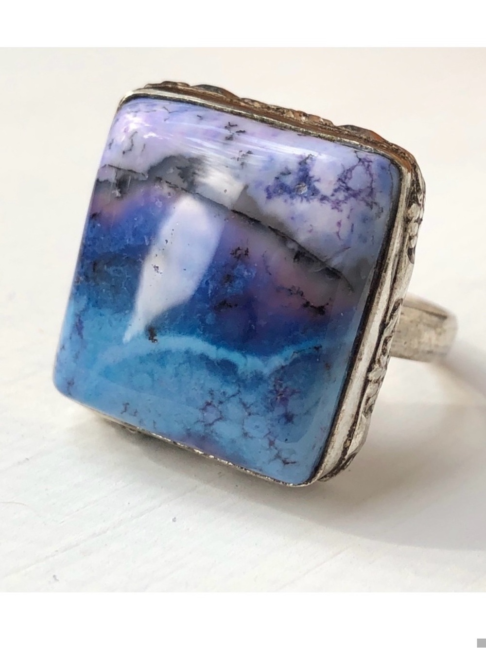 Blue & Purple Faux Square Stone Ring Silvertone Setting Size 9